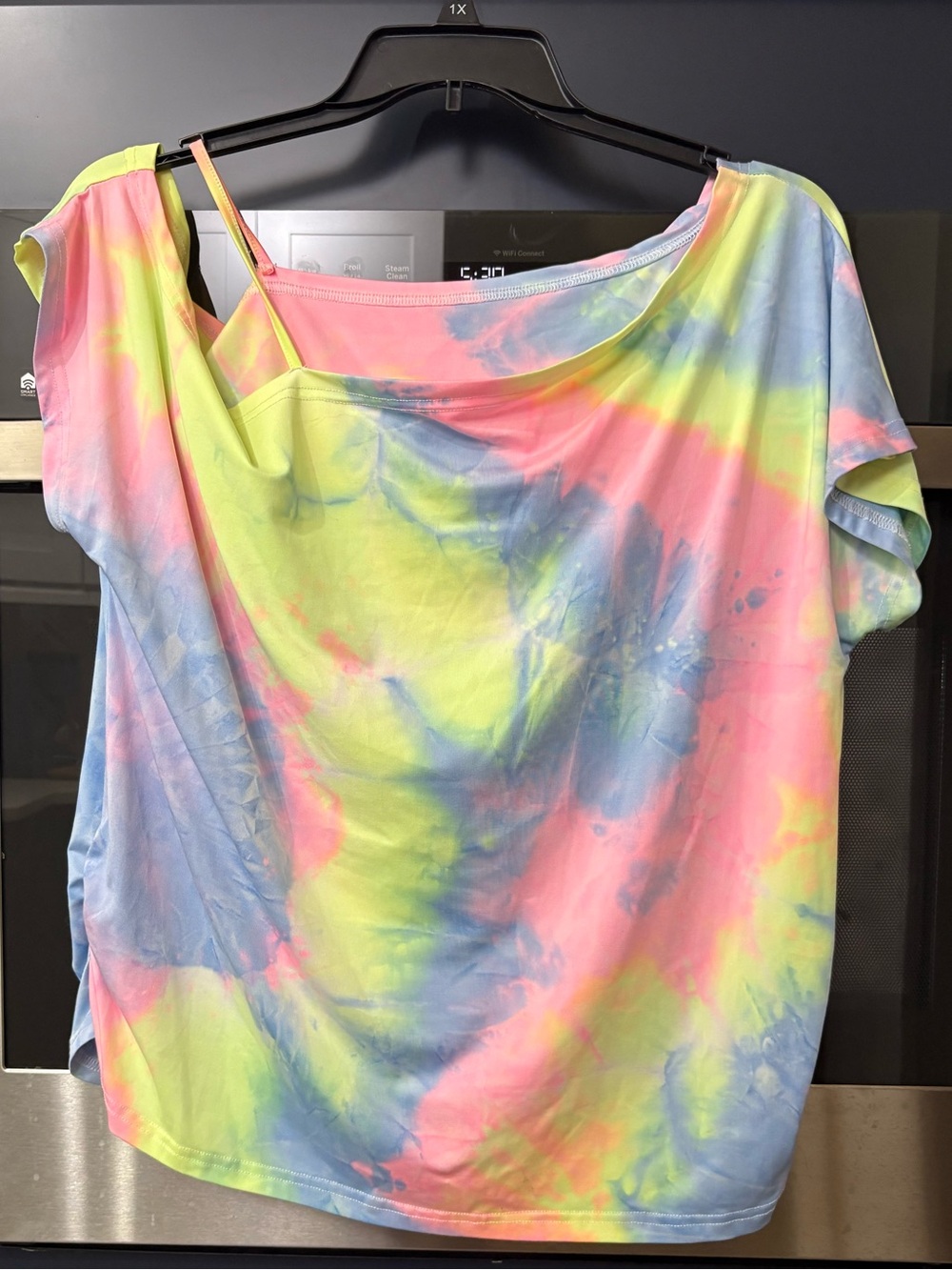 🌈 Tie Dye One Shoulder Top Pink Blue Neon Green Casual Blouse